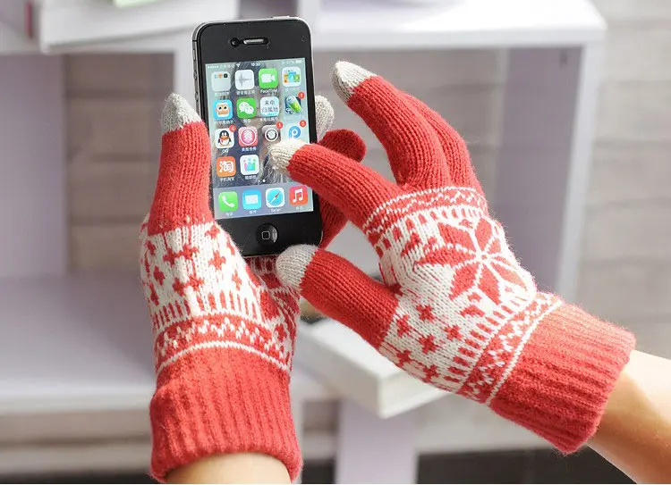 Зимние теплые перчатки с сенсорным экраном для мужчин и женщин, шерстяные вязаные перчатки, яркие цвета, варежки со снежинками для мобильного телефона, планшета