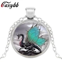 Caxybb 2017 Blue Dragon Necklace Handmade glass dome Jewelry Long art Photo Necklace Charm Fantasy wing