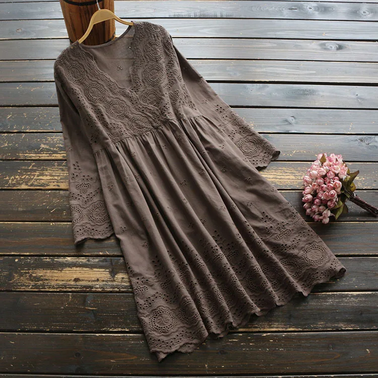

5800 spring summer women dress vintage Literary cotton dress embroidery solid long sleeve loose V-Neck A-line short dress women
