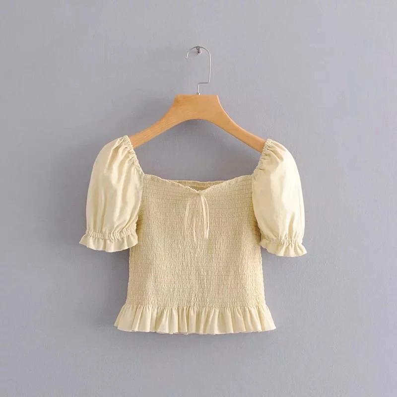 Женщины квадратная Шея Shirred Sun Top с Pep Hem Shirred Puff Sleeve Top In бежевый