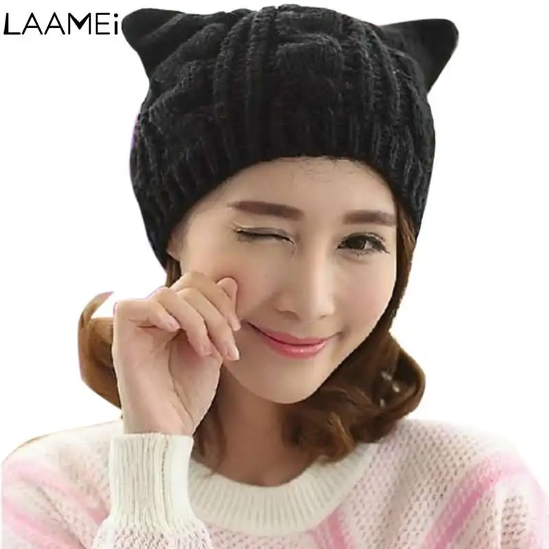 Laamei Women Beanie Devil Horns Winter Cat Ear Crochet Braided Knit Wool Cap Hat Woem Knitted Harajuku Kawaii Ears | Аксессуары для