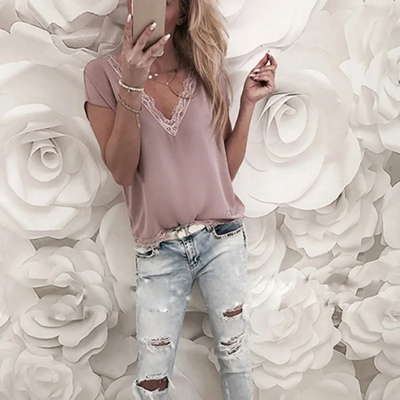 المرأة بلوزة قمم الصيف أعلى عارضة فضفاض قصيرة الأكمام الصلبة الدانتيل الخامس الرقبة الشيفون البلوزات الإناث قمصان سترة Blusa زائد حجم