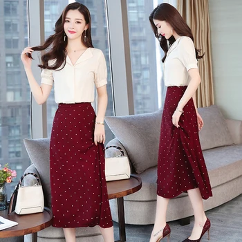 

Casual New Summer 2019 A-line Korean Two Piece Set V Neck High Waist Fashion 2 Pcs Set Zip Dot Vintage Women's Sets