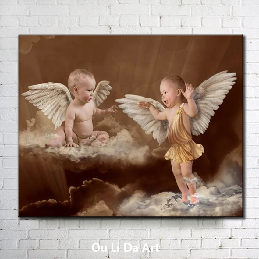 Peintures A L Huile Sur Toile Imprimees Avec Personnages Classiques Mignons De Bebe Garcon Et Ange Decoration Murale Pour Chambre D Enfant Aliexpress