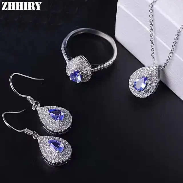 Zhhiry Women Natural Tanzanite Jewelry Sets Gemstone Pendant Zhhiry Women Natural Tanzanite Jewelry Sets Gemstone Pendant Necklace Earrings Ring Genuine 925 Sterling Silver Fine
