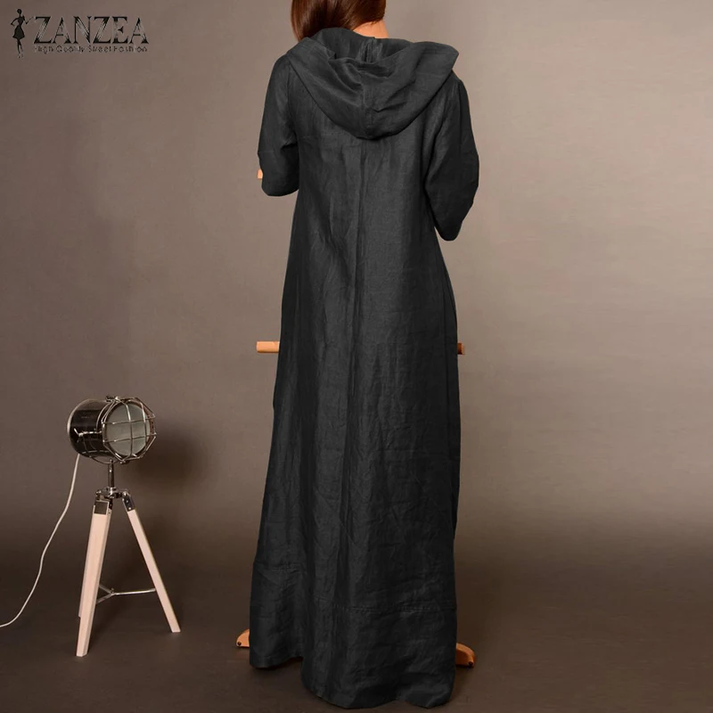 Skup ZANZEA kobiety w stylu Vintage sukienka z kapturem jesień 3 4 rękaw Zipper Maxi długa sukienka letnia elegancka damska praca OL solidna Vestido Kaftan Robe