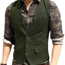 Suit Vest Waistcoat Formal Tweed Wool Groomman Brown/coffee Men's Casual Herringbone