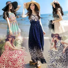 Korean bohemian long dress sleeveless floral large swing chiffon dress seaside holiday beach dress Cotton Chiffon Print Korean bohemian long dress sleeveless floral large swing chiffon dress seaside holiday beach dress Cotton Chiffon Print
