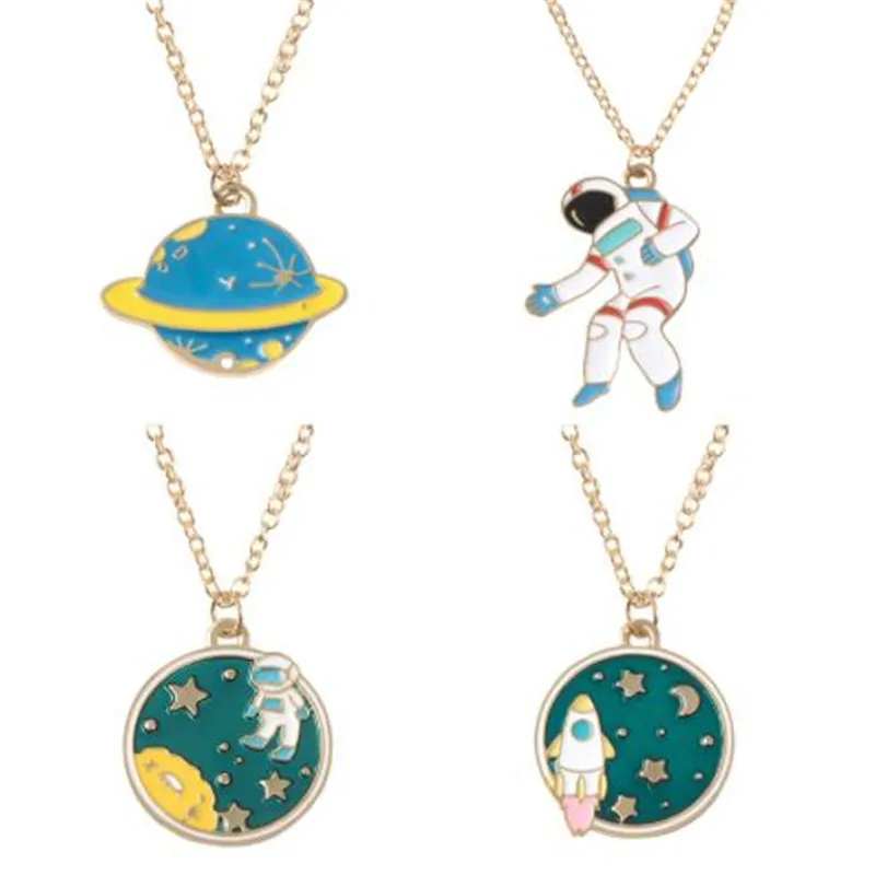 

WKOUD Childlike Space Travel Pendant Necklace Keychain Cartoon Astronaut Rocket Planet Chains Cute Universe Keyring Jewelry gift