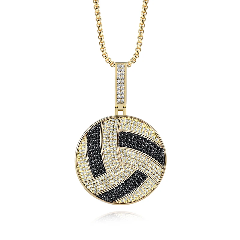 

2019 Fashion New Hip Hop Style Copper Zircon Pendant Necklace Gold Color Volleyball Round Pendant Men And Women Neutral Jewelry