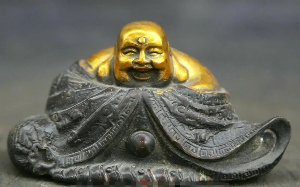 

3.5"Old Chinese Bronze Gild Buddhism Happy Laugh Maitreya Buddha Moneybag Statue