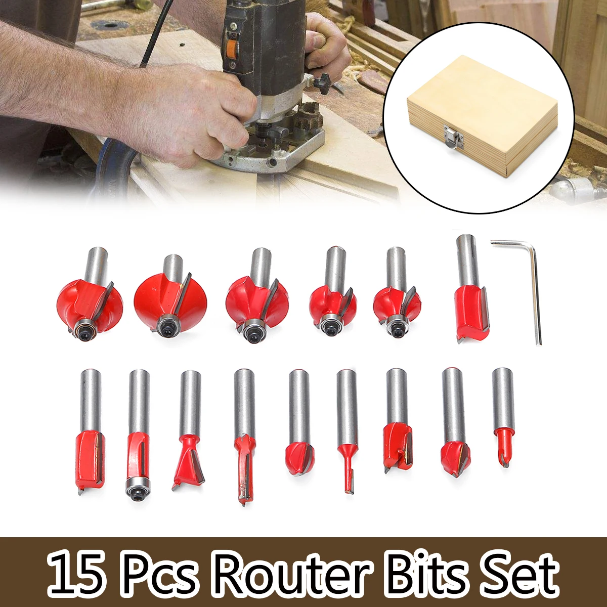 

15PCS Milling Cutter Carbide Router Bit Set 8mm Shank Mill Woodworking Wood Cutters Tool Handmade Engraving Cutting