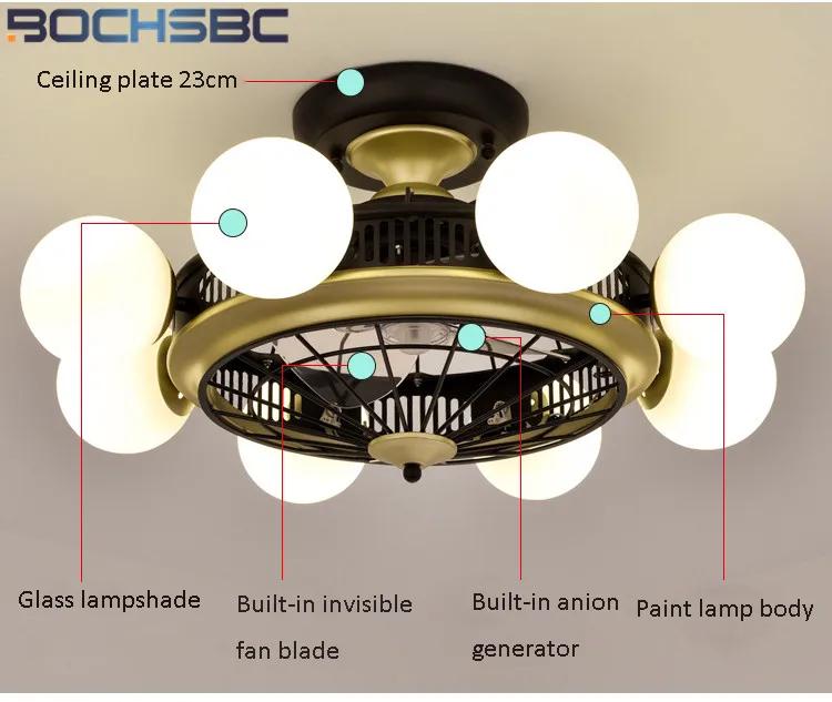 BOCHSBC светодиодный скандинавский анион Потолочная люстра с вентилятором черная Подвесная лампа-люстра 8 головок столовая гостиная ночник с