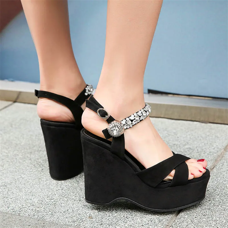 1 Vache Noir Femme De Parti Chaussures Fedonas Sandales Été Mode Compensées Pompes Talons Suede Occasionnels formes Plates Strass Bal XUpTR1xT