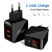Светодиодный дисплей H& A с 2 портами, универсальное зарядное устройство USB с европейской вилкой, зарядное устройство для телефона для iPhone, портативное зарядное устройство для huawei