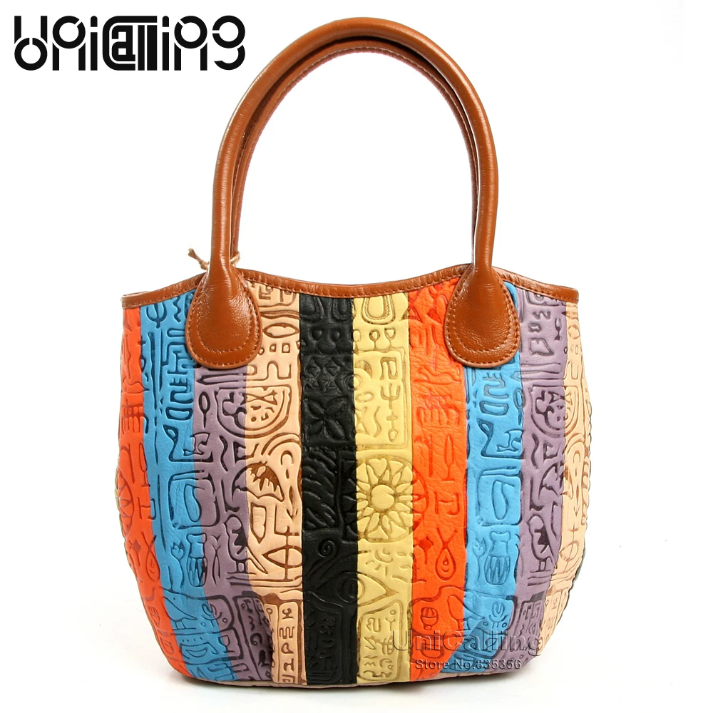 

Fashion women handbag genuine leather colorful striped patchwork with ancient hieroglyphic embossing pattern leather tote bag
