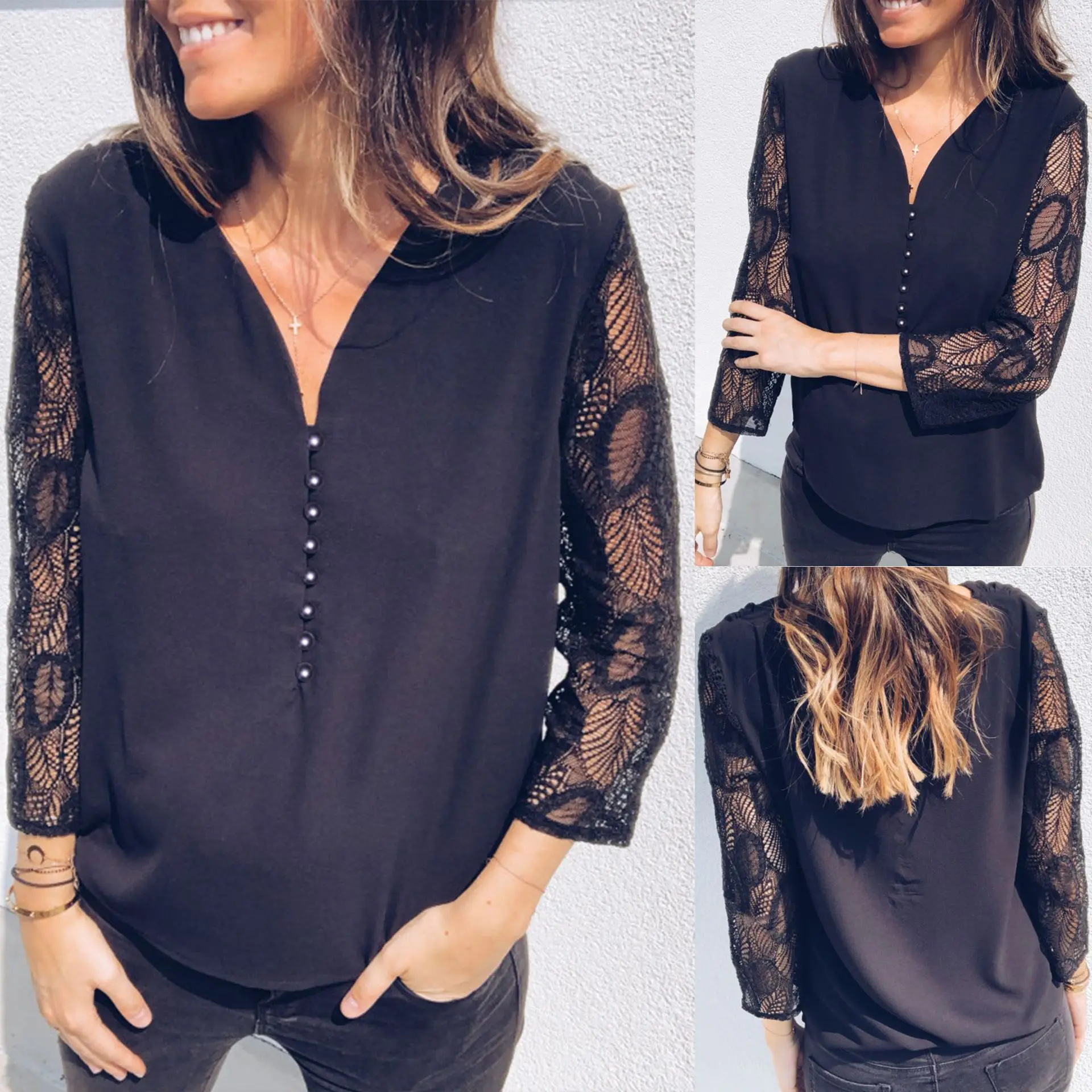 

Sexy Low Cut Lace Patchwork Button Black Long Sleeve Women Blouse Sexy Tops Women Tops and Blouse Women Clothing 2019