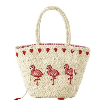 

2018 Summer Brand New Embroidery Straw Braided Bag Holiday Beach Sling Tote Bag Flamingo Pattern Handbag For Women