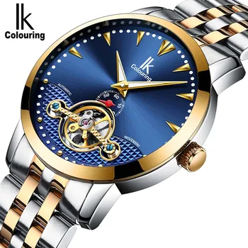 

IK Colouring Luxury Brand Mechanical Watch Men Skeleton Tourbillon Royal Blue Dial Automatic Self-Wind Male Wristwatch