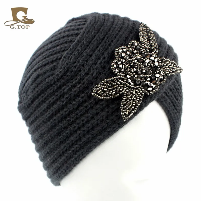 Женские цветочные украшения, зимняя теплая шерстяная вязаная шапка-тюрбан, шапочка для сна, химический головной убор, аксессуары для волос для больных раком