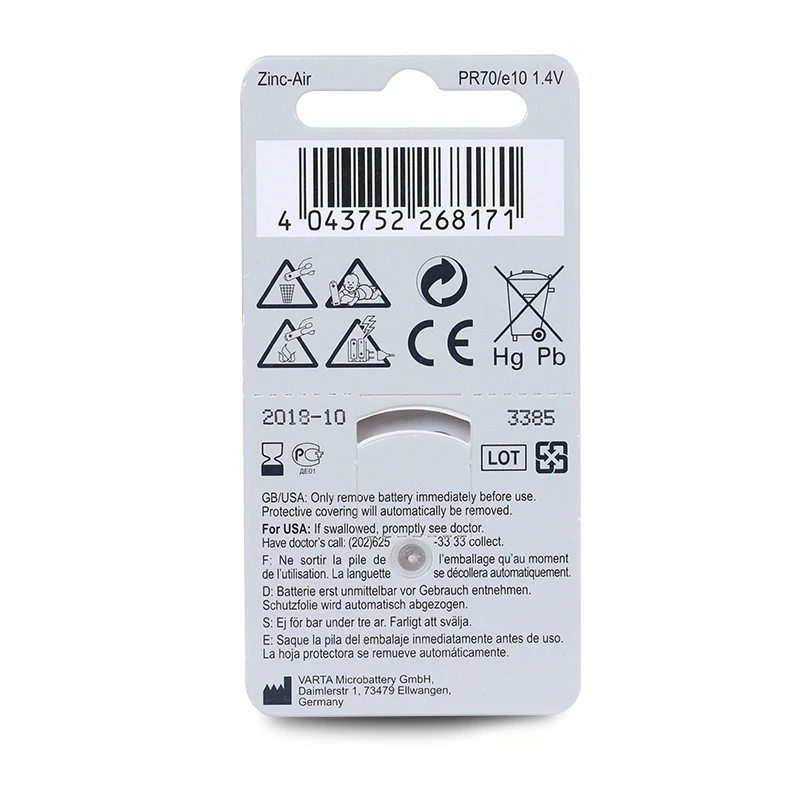 E10 A10 Zinc-Air Button Cell 10 1.4V Yellow Tab Hearing Aid Battery for Cofoe Hearing Aids