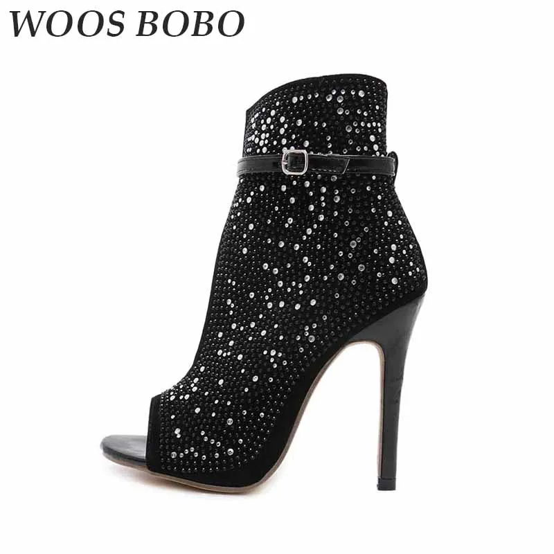 

Summer Fashion New Womens High Heel Sandals Rhinestone Bling Peep Toe Spike Heels Sexy Female Black Party Shoes Plus Size 35-43