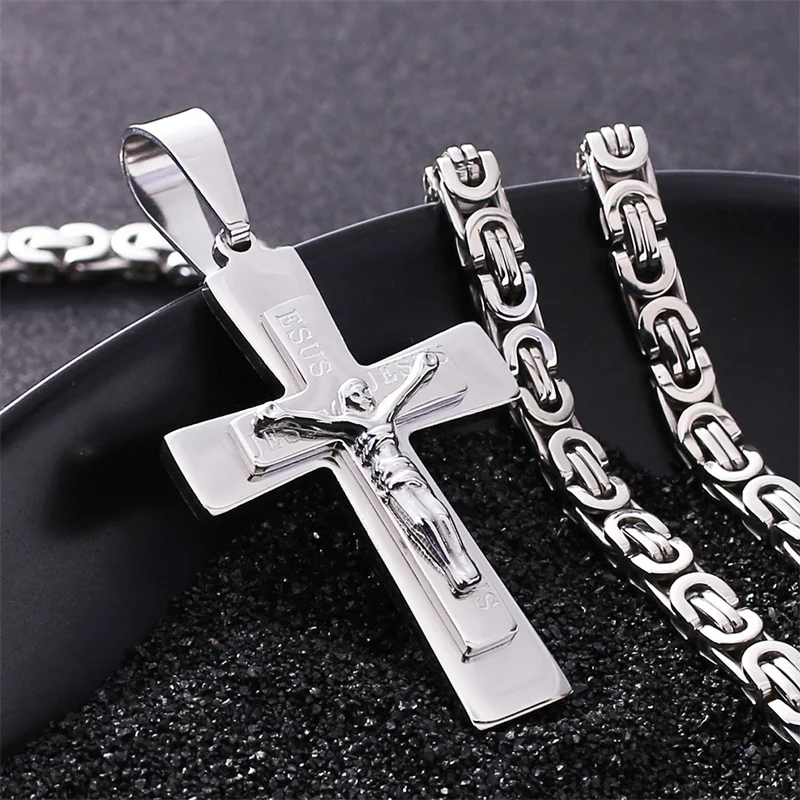 

Fashion Titanium Stainless Steel Man's High Quality Silver Christ Jesus Cross Pendant Necklace Byzantine Chain Men Punk Jewelry