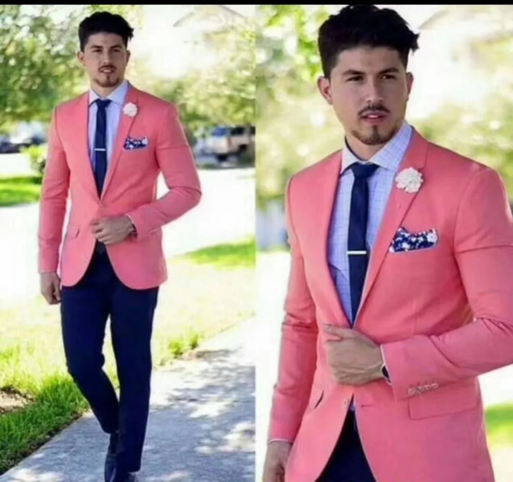 

New slim fit costume homme mariage pink suit men Men Suit with pants wedding suits for men Blazer Prom 2 piece terno masculino