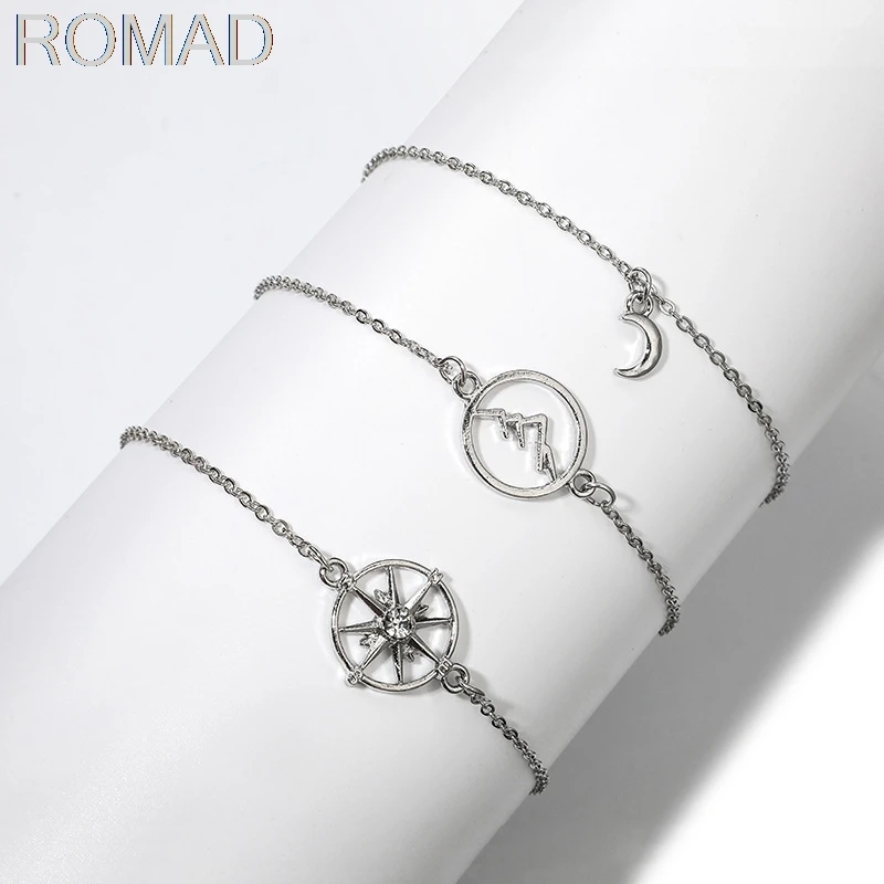 

3Pcs/Set Bohemian Silver Color Mountain Peak Compass Moon Bracelet Set for Women Chains Adjustable Bracelets Bangle