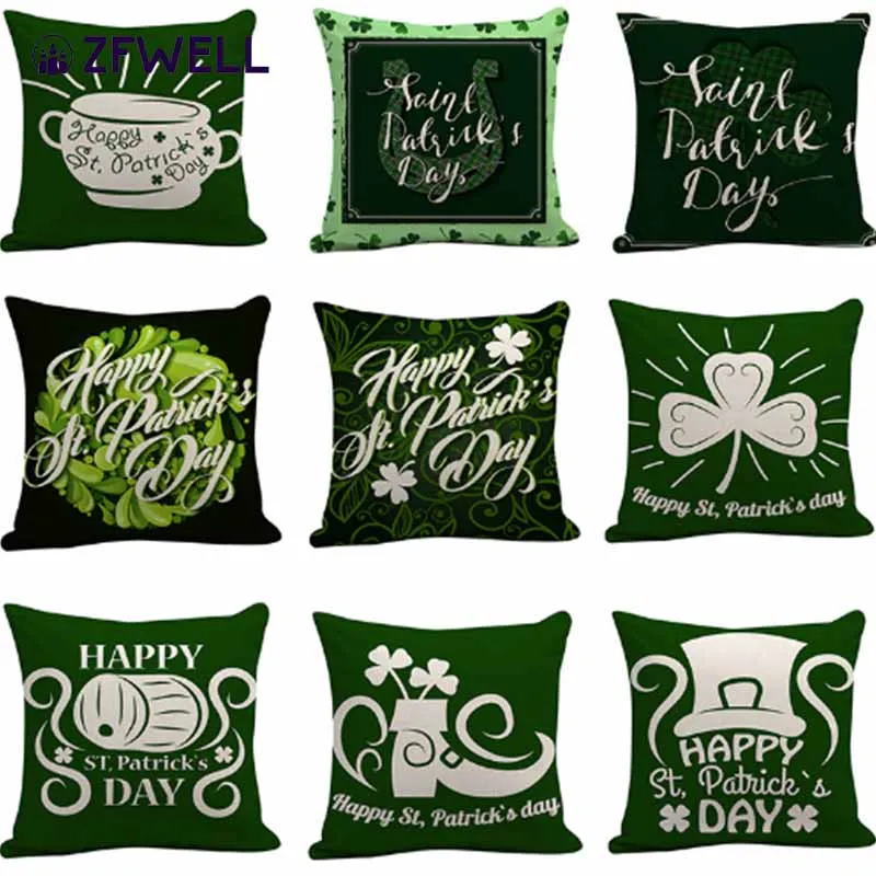 ZFWELL Linen 45*45cm green four-leaf clasp pillowcase St. Patrick's holiday theme decoration sofa car furniture deco7 | Дом и сад