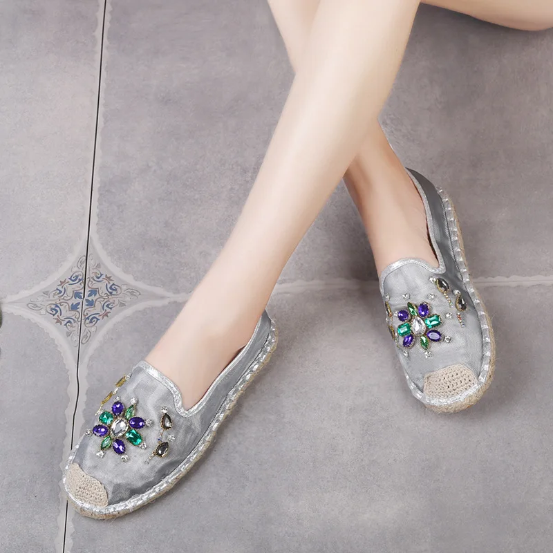 

2019 spring new mesh breathable casual shoes women comfortable wild rhinestone decorative flat fisherman shoes