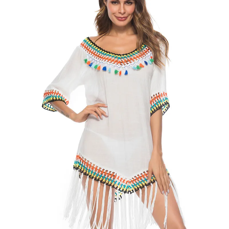 2019 Summer New Women's Clothes Dress Hollowed out Sunscreen Clothing
Rainbow Color Tassel O-neck Beach Dress