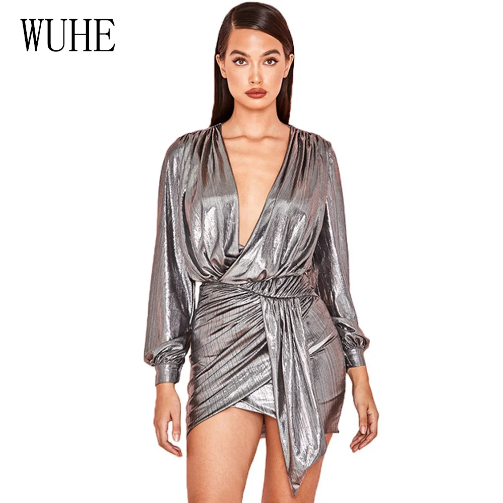WUHE Bronzing Luxury Ribbed Solid Color Irregular Dress Women Puff Sleeve Deep V Neck Ruched Bandage Club Party Dresses Robe