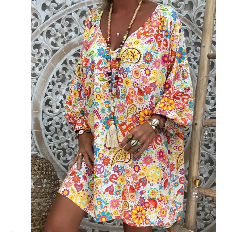 

Womens Short Sleeve Casual Boho Hippie Floral Kaftan Indie Folk V-Neck Loose Ladies Summer Mini Dress