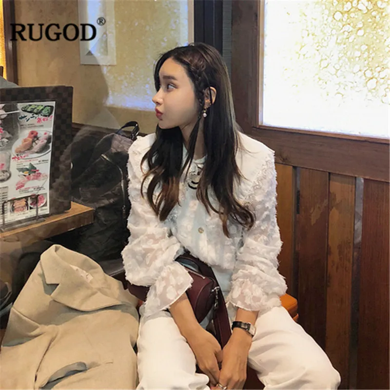 RUGOD корейский стиль белые рубашки с расклешенными рукавами Женская Повседневная