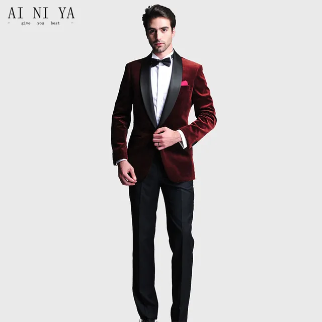 Mens Designer 2 Piece Velvet Fabric Suits Burgundy Groom Mens Designer 2 Piece Velvet Fabric Suits Burgundy Groom Tuxedos Wedding Custom Made Groomsmen
