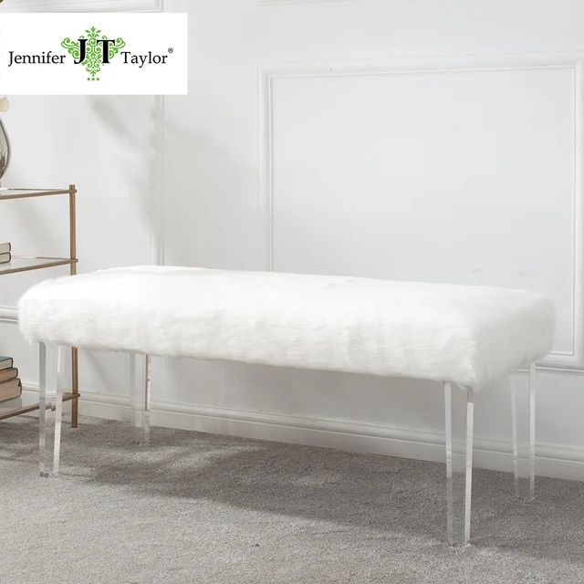 Jennifer Taylor Home, Entryway Bench, White, Acrylic Legs, Glamorous Faux Fur 85003 1023in