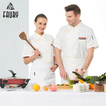 

2019 Chef Uniform Short Sleeve Yellow cloth button Catering Unisex Work Clothes Koks Kleding Sushi Cake Shop short sleeveJacket