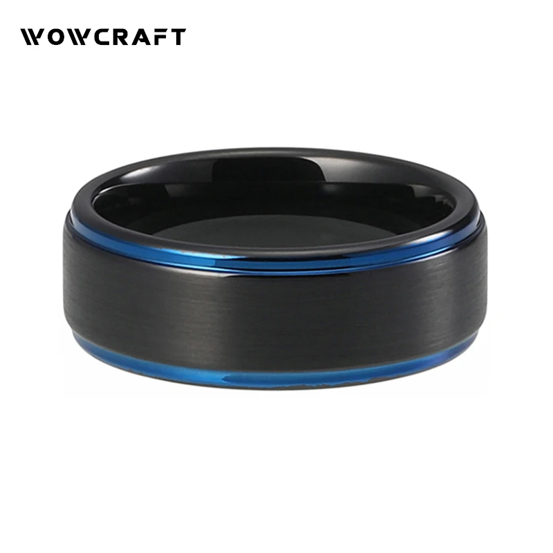 8mm Black Wedding Band for Men Women Fashion Tungsten Carbide Wedding Ring with Blue Step Edges Brushed Surface Engagement Rings Fashion Jewelry