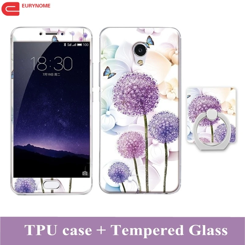 

3D Cartoon Case For Meizu MX6 Tempered Glass Film Finger Ring TPU Kickstand Silicone Patterned Cover for Meizu MX5 Case