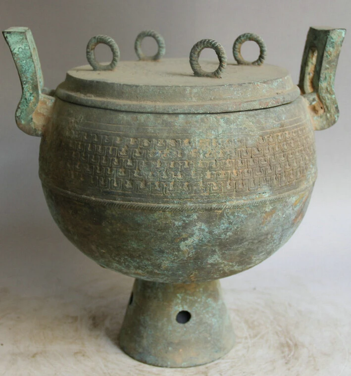 

Elegant old S2089 12" Old Chinese Bronze Folk handle food vessel High foot Pot Jar Crock kettle statue (A0322) A0403