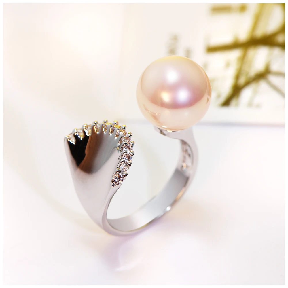 DC1989 Women Wedding Ring Mermaid Look 12 mm Synthetic Pearl 3 Colors CZ Paved Rhodium Color Femmes Anneaux Sizes 5 6 7 8 9 10