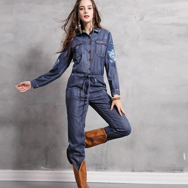 

Free Shipping New Fashion Safari Style Long Sleeve Women Embroidery Denim Jeans Jumpsuit And Rompers Plus Size Trousers S-L