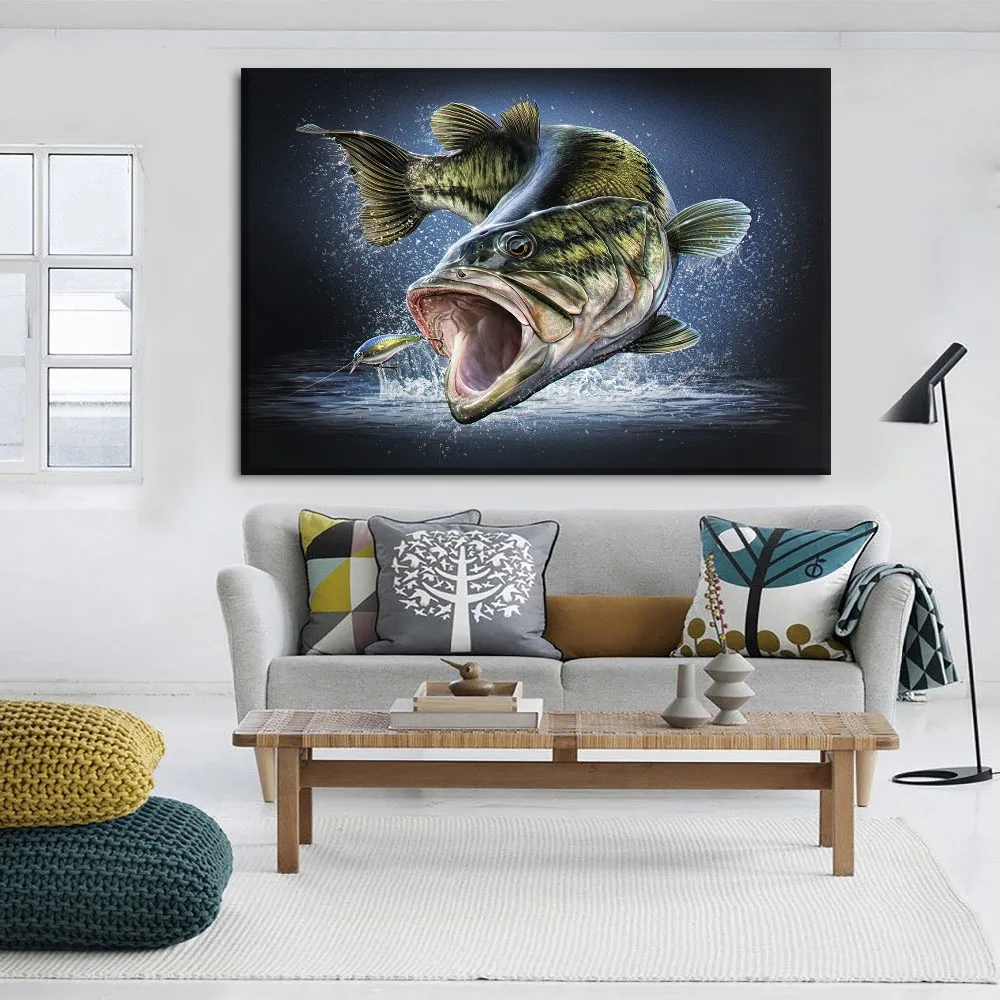 Bass Fishing Lake Fish Painting Poster 5 Panel Canvas Print Wall Art Home Decor Bass Fishing Lake Fish Painting Poster 5 Panel Canvas Print Wall Art Home Decor