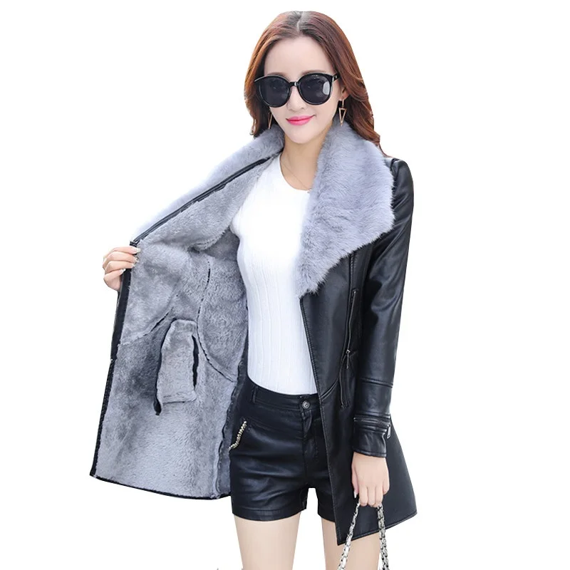 Plus Size Women Winter Coat Thick Leather Jacket Medium Long Spliced