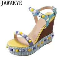 Platform wedge Sandals women candy color rivets studded high heels genuine leather string beaded gladiator summer shoes