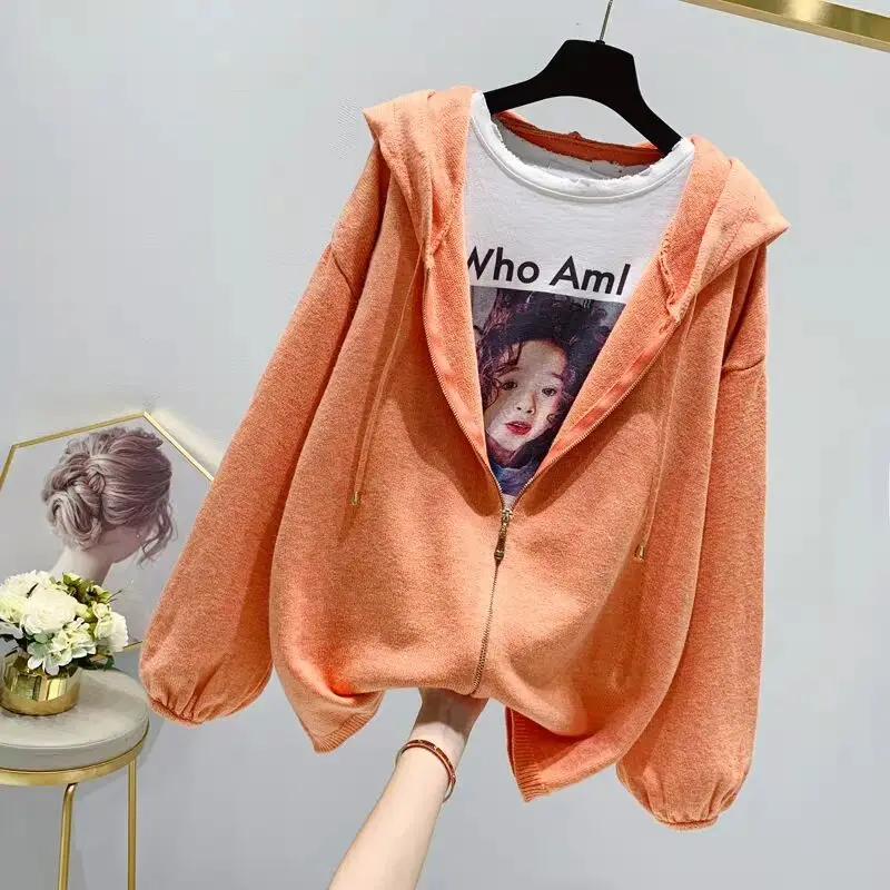 

MUMUZI 2019 autumn and winter new Korean open stitch sweater loose hooded zipper sweater lamp sweater knit cardigan coat female