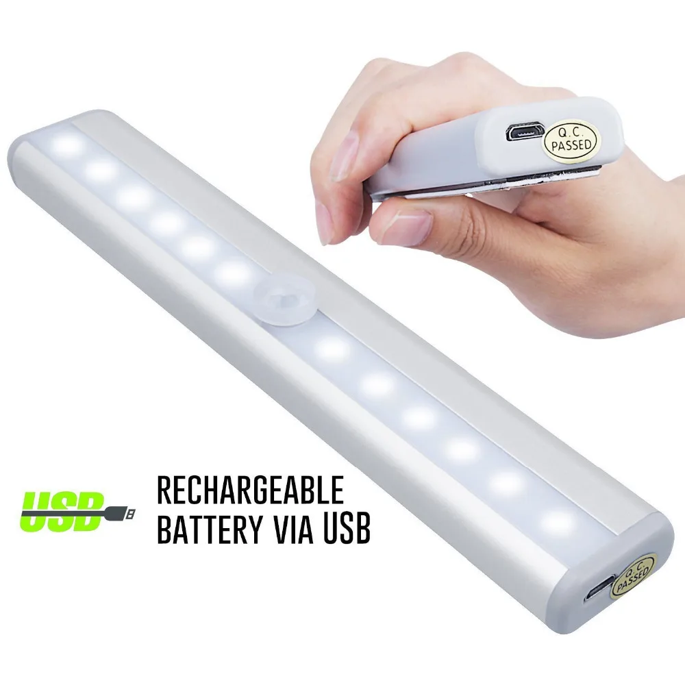 USB Rechargeable PIR Auto Motion Sensor 10LED Night Light Wardrobe Closet Cabinet Cupboard Night Lamp Magnetic