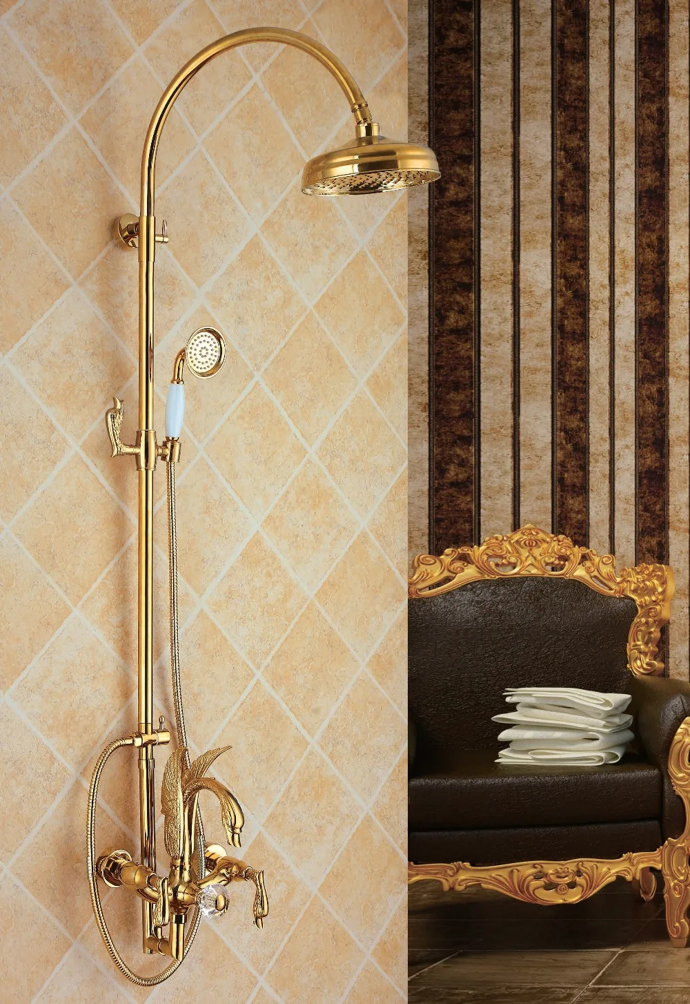 ^*Best Offers Free standing Ti-Gold wall mounted swan Bath Tub Rainfall shower Filler Faucet with Handshower ^*Best Offers Free standing Ti-Gold wall mounted swan Bath Tub Rainfall shower Filler Faucet with Handshower