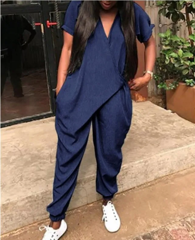 Women Button Pocket Decor Ladies Bandage Jumpsuits Sexy Deep V Short Sleeve Solid Color Regular Jumpsuits Women Button Pocket Decor Ladies Bandage Jumpsuits Sexy Deep V Short Sleeve Solid Color Regular Jumpsuits